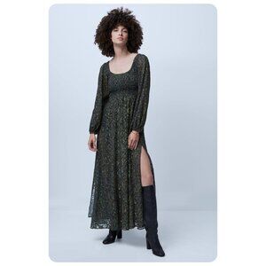 ! French Connection Aurey Green Snake Print Smocked Long Sleeve Maxi Dress